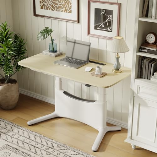 COLAMY Electric Adjustable Standing Desk – 48 x 28 Inch Sit Stand Desk with Drawer & Cable Management, Dual Motor Lift System, Ergonomic Footrest, Home Office Table (MFC Desktop, Light Maple + White)