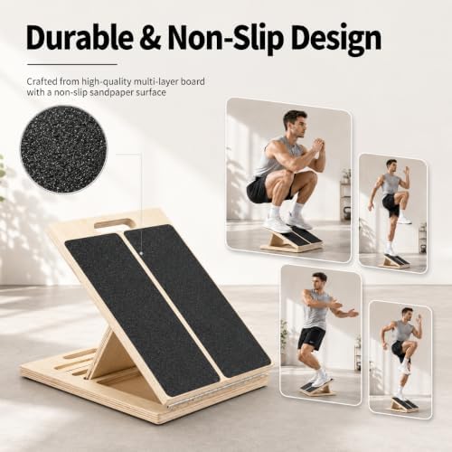 Premium Wooden Slant Board, Adjustable Calf Stretcher & Squat