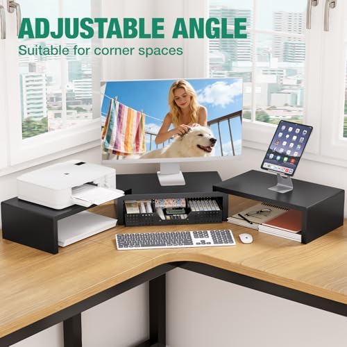 OPNICE Dual Computer Monitor Stand Riser, Desk Organizer with Drawer, Office Desk Accessories & Workspace Organizers for Home Office Supplies, Black