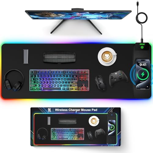 Magnetic Charging Mouse Pad, 31.5x11.81 Inch XL Gaming Mousepad, 11+5 RGB Lighting Modes, Home Office Large Desk Pad with Ultra-Smooth Surface, Non-Slip, Waterproof Keyboard Pad Classic Black Desk Mat