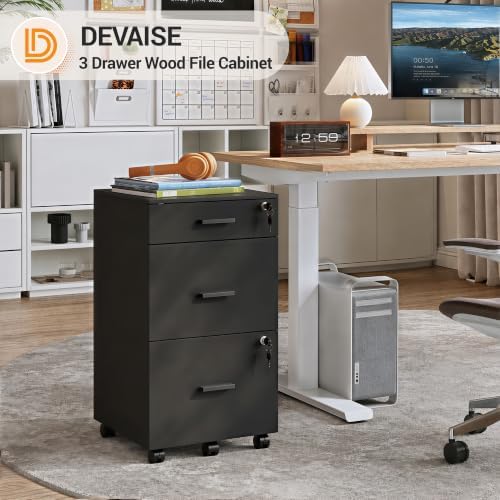 DEVAISE 3 Drawer Rolling File Cabinet with Lock, Wood Filing Cabinet fits Letter / A4 Size for Home Office, Black