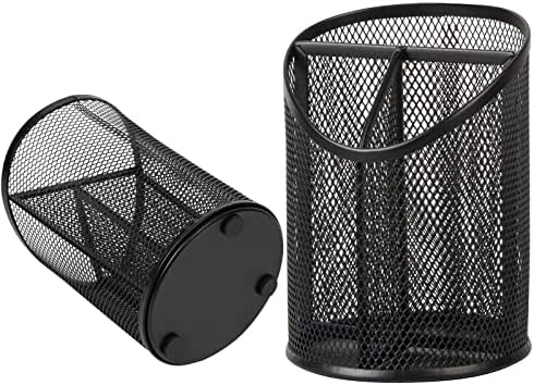 Delifox 2 Pack Pen Holder Mesh Round Pencil Holder 3 Compartments, Black