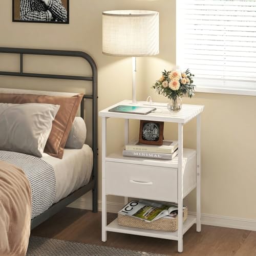 Fixwal Bedside Table with 3 Color Temperatures Bulb Attached, Nightstand with Charging Station and Lights, End Table with Fabric Drawer for Bedroom & Dorm (White)