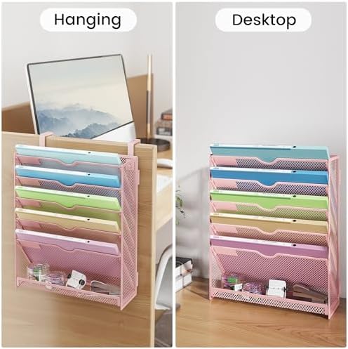 Pink Desk Organizer, Hanging Wall File Organizer with 6 Tiers