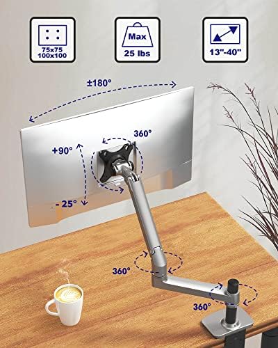 Ergounion Single Monitor Arm Desk Mount, Holds Screens up to 40 Inches and 25 lbs, Fully Adjustable Vesa Monitor Mount with C-Clamp and Grommet Base, Aluminum, Silver
