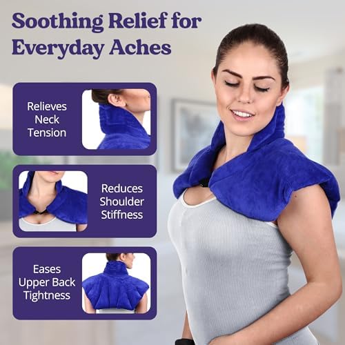 Microwavable Heating Pad for Neck, Shoulders, and Back by Joy & Grace | 5 Lb Weighted Neck & Shoulder Wrap | Moist Heat Therapy Pack for Relaxation and Comfort | Soft Micro-Mink Cover | Unscented Blue