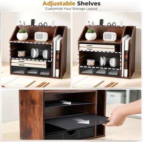 5-Tier Wood Desk Organizer and Pen Holder, File and Mail Sorter with Drawer