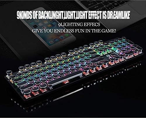 YSCP Typewriter Style Mechanical Gaming Keyboard Rainbow Backlit Wired with Blue Switch Retro Round Keycap 104 Keys Keyboard (L-Black)