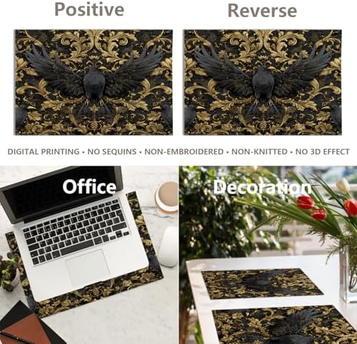 Damascus Raven Gold Placemats, Gold Black Baroque Raven Pattern Place Mats for Dining/Kitchen Table Waterproof Washable Linen Heat Insulation Dinner Table Mats 12x18 in 4 PCS