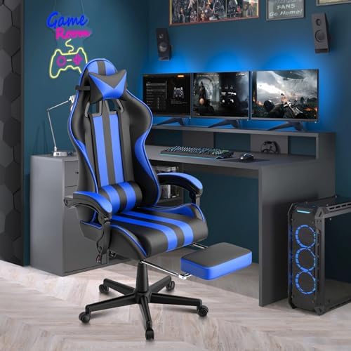 Ferghana Blue Gaming Chairs with Footrest, PC Gaming Chairs for Adults Teens, Racing Style, Luxurious Comfort, Waterproof PU Leather