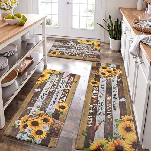 Likiyol Sunflower Kitchen Mats for Floor [3 PCS] Farmhouse Kitchen Rugs, Floral Anti Fatigue Mats for Kitchen Floor Non Slip Washable Comfort Mat, 18'' x 30'' + 18'' x 48'' + 18'' x 60''