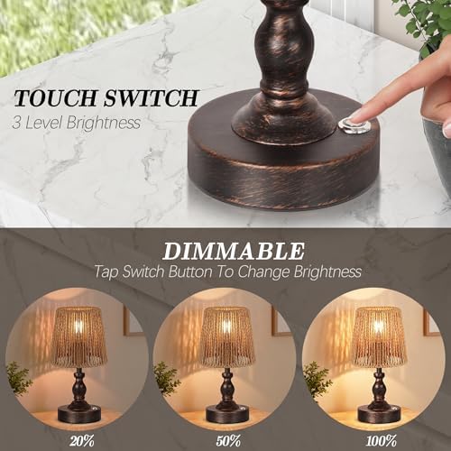 PARTPHONER Mini Cordless LED Table Lamp, 5200mAh Rechargeable Battery Operated Lamp, 3-Level Brightness, Touch Dimmable Desk Lamp, Bedside Night Light with Rattan Shade, Oil Rubbed Bronze