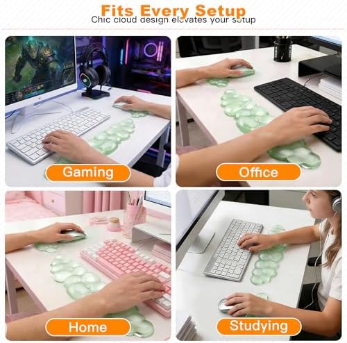 Cloud Keyboard and Mouse Wrist Rest Set, Clear Gel Keyboard Mouse Wrist Rest Support Pad for Typing Pain Relief, Cute Aesthetic Desk Decor Accessory for Home Office Dorm (Green)