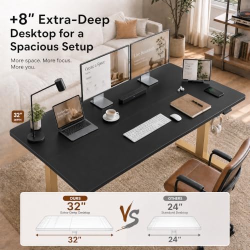Grandder 55x32 Extra-Deep Electric Standing Desk, Wide Desktop Fits 49" Ultrawide Monitor+Dual Screens, 176 lbs Capacity, 2 Memory Presets, Anti Collision, Computer Desk, Black Top&Gold Frame