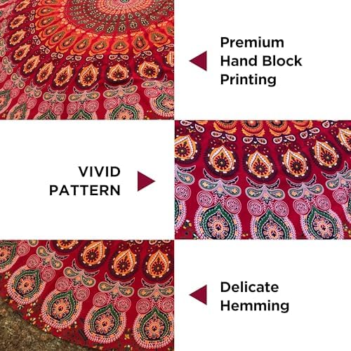 raajsee Red Round Beach Tapestry Hippie/Boho Beach Blanket Mandala/Indian Cotton Throw - Round Tablecloth/Home Decor/Indie Rug Yoga Mat Meditation Picnic Rugs 127 CM / 50 INCHE Circle