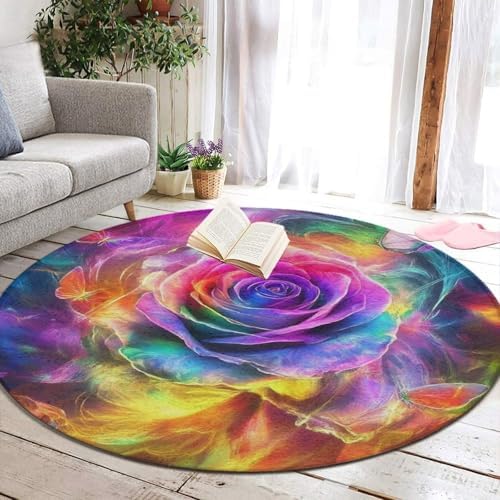 Highly Premium Quality Floor Mat, Office Chair Decor Mat, Room Sofa Yoga Soft Round Carpet Trippy Tie Dye Rose Colorful Art, 36inch