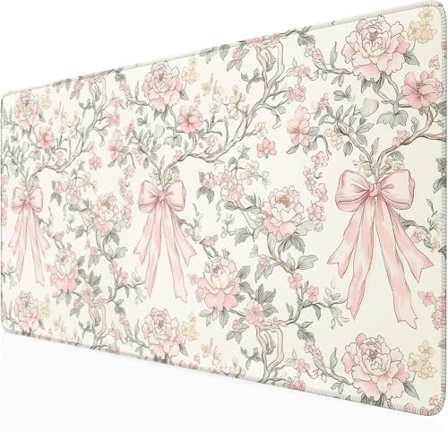 Floral Desk Mat Vintage Chinoiserie Large Mouse Pad Coquette Aesthetic Office Decor Flower Pink Bow Gaming Pad Cottagecore Desk Decor