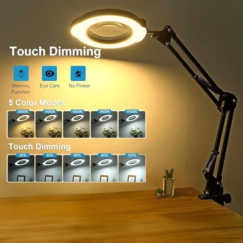 15X Magnifying Glass Desk Lamp with Clamp and Base, 5 Color Modes 10 Levels Adjustable Brightness, 15X Magnifying Glass, 4.2" Reading Magnifier for Seniors Book Newspaper Reading, Crafting, Seniors