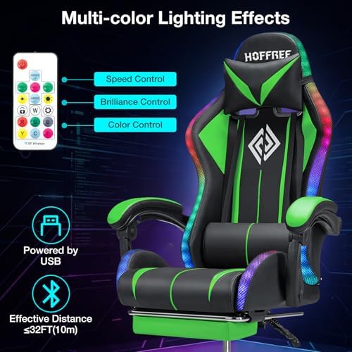 HOFFREE LED Gaming Chair with Massage RGB Lights Computer Game Chair-Green