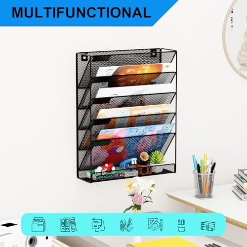 Wall File Organizer Holder Mesh Hanging Paper Document Holder,Vertical 6 Pocket Tier for Office Home, Black