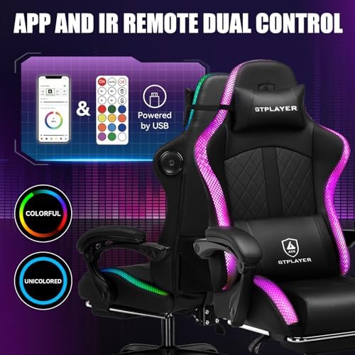 GTPLAYER RGB Gaming Chair with Speakers, Computer Gamer Chair with Footrest and LED Lights, PC Gamer Chairs for Adults, High Back Reclining Office Chairs, Linkage Armrest (Light Black, with Speakers)