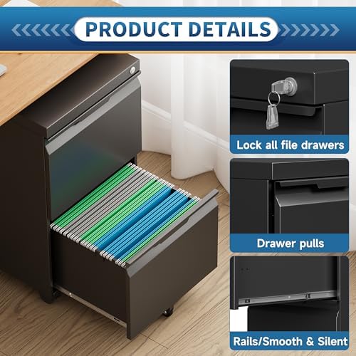 2 Drawer File Cabinet with Lock,Rolling Vertical File Cabinets for Home Office,Small Metal Filing Cabinet Office Drawers Under Desk for A4-Size/Letter-Size/Legal-Size- Assembly Required/Black