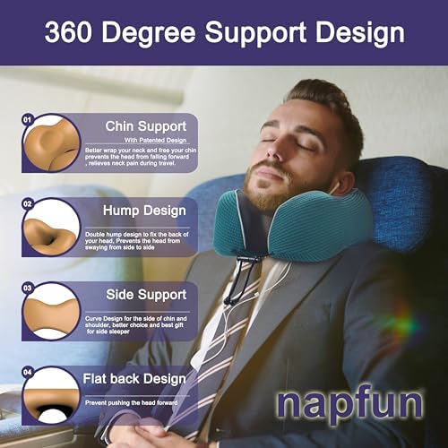 napfun Neck Pillow for Travel, Memory Foam Airplane Pillow, Teal