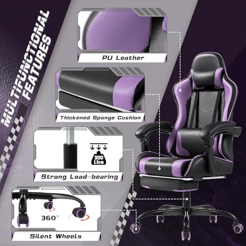 Shahoo Gaming Chair with Footrest and Massage Lumbar Support, Computer Chairs, Video Racing Seat Height Adjustable with 360°Swivel and Headrest for Office or Bedroom, Purple