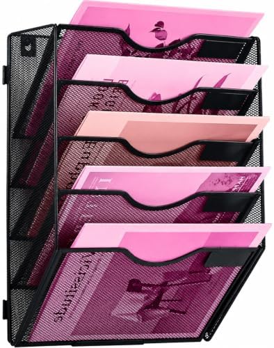 5 Pockets Mesh Wall File Holder Organizer Office Hanging File Folder Magazine Rack, Nametag Label Hooks Set Included (Black)