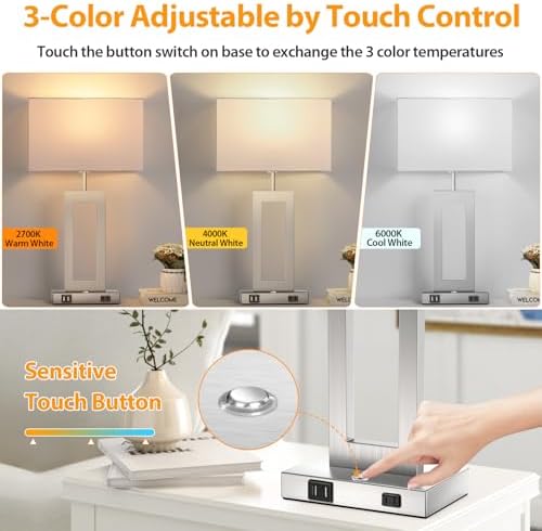 22’’ Touch Control Table Lamps Set of 2, 3 Color Temperatures Bedroom Bedside Lamps, Modern Silver Dimmable Lamps with USB Ports & AC Outlet, Tall Living Room Lamps for Nightstand End Table, 2 Bulbs