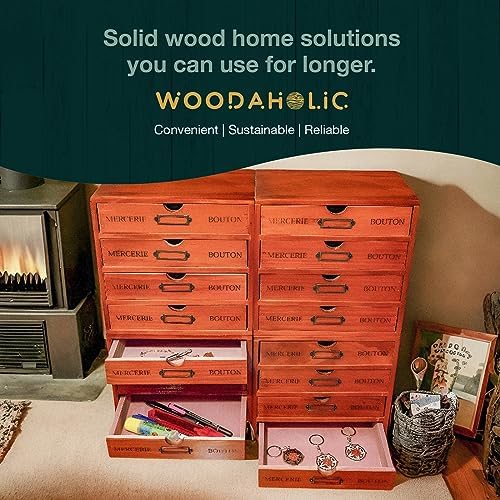 Stackable Apothecary Cabinet, 16 Drawer Wooden Storage I Vintage Card Catalog Style Organizer for Coins, Trading Cards, Crafts & DMC Floss I Multi Drawer Modular Wood Desk Cabinet w/Label Holders