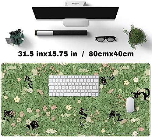 YKJWW Green Desk Mat Cat Cute Flower Plant Cool Desk Pad XXL Keyboard Mat