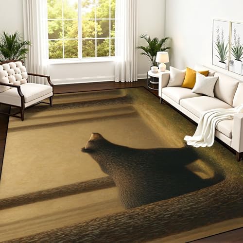 Tranquil Scene Bear Pine Trees Soft Gradient Area Rug Outdoor Patio Rug Play Mat Modern Floor Carpet Non-Slip Home Decor Living Room Kids Bedroom Nursery, 9x12 ft