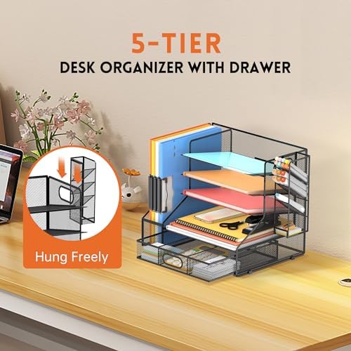 5-Tier Desk Organizer with File Holder & Pen Holder & Sliding Drawer, Black
