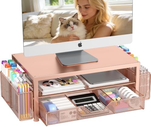 OPNICE Desk Organizers and Accessories, Computer Monitor Stand Riser with Drawer and 2 Pen Holders, Printer & Laptop Stand, Office Desk Accessories & Workspace Organizers for Home Office Supplies, Rose Gold