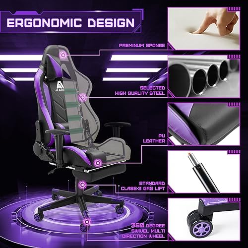 AA Products Gaming Chair - High Back Ergonomic Computer Racing Chair with Footrest, Lumbar Support and Swivel - Black/Purple