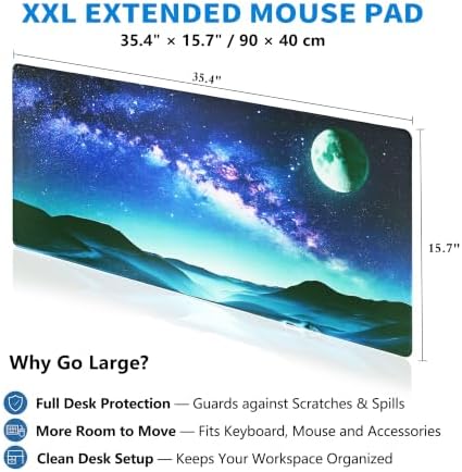 Extended Galaxy Full Moon Desk Mat, XXL Large Gaming Mouse Pad, Moon Starry Sky Stitched Edges Waterproof with Non-Slip Rubber Base for Computer Keyboard Laptop Work Home Office 35.4"x15.7"