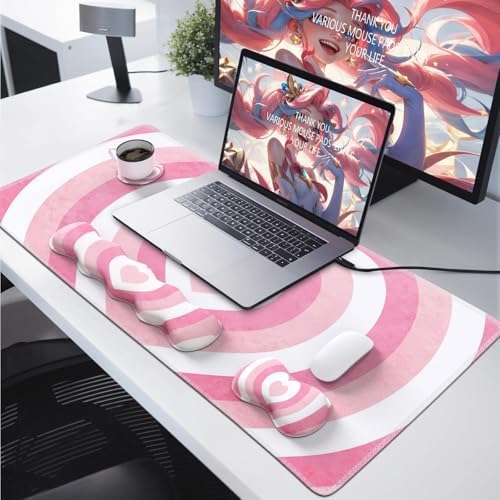 iLeadon Desk Mat Set, Pink Heart Mouse Pad and Keyboard Wrist Rest