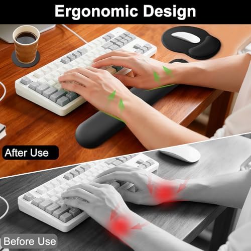 Keyboard Wrist Rest Mouse Pad with Wrist Support, Gaming Mousepad with Non-Slip Base, Ergonomic Mouse Wrist Arm Cushion Support for Home Office Laptop Computer, Easy Typing for Pain Relief, Black