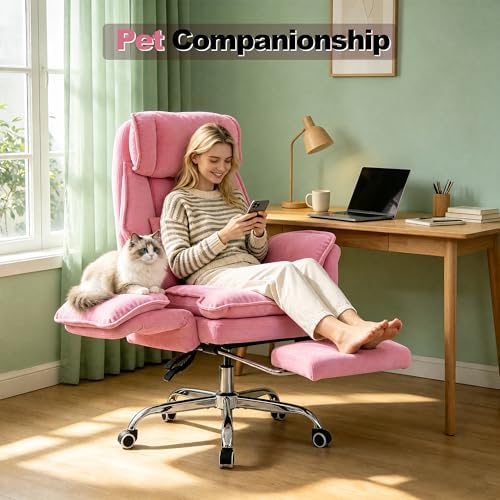 Office Chair with Flip Armrests & Foot Rest,Criss Cross Legged Home Office Desk Chair with Pet Seat,Ergonomic Reclining Computer Gaming Chair,High Back Executive Chair with Lumbar Pillow (Pink)