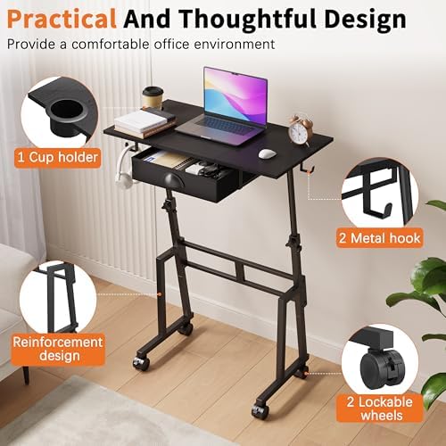 Adjustable Height Standing Desk with Drawer, Rolling Sit to Stand Up Desk
