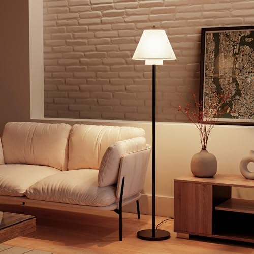 Globe Electric 61000170 62" Floor Lamp, Matte Black, White Fabric Double Shade, On/Off Rotary Switch on Socket, 5-Foot Black Cord, 1-Light, 60W E26/Medium Base Bulb