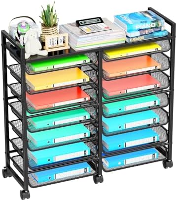 Simple Trending 15-Tier Rolling File Cart, Desk File Organizer with 14 Mesh Sliding Trays, Letter & Legal Paper Storage Rolling Utility Cart for Office Home School, Black