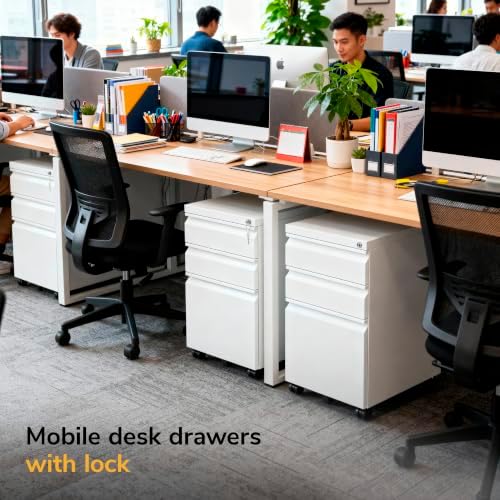 Mount-It! 3 Drawer File Cabinet with Lock and Wheels, Under Desk Storage Filing Pedestal for Home Office, No Assembly Small Rolling File Cabinet for Legal, Letter, and A4 Files in White