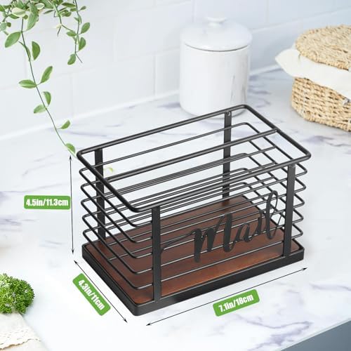 Mail Holder, Acacia Wood & Sturdy Metal Mesh Letter Caddy,2-Slot Desktop Organizer for Desk Home Office
