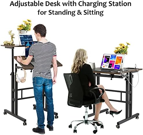 Hadulcet Mobile Standing Desk with Wheels, Rolling Desk Adjustable Height, Portable Laptop Table with Charging Station, Sit Stand up for Home Office, Study, Classroom, Rustic Brown