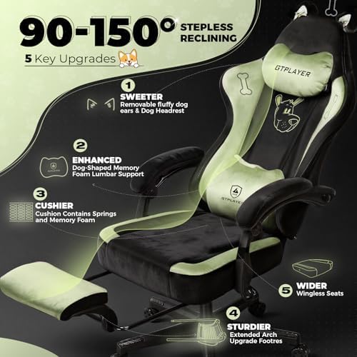 GTPOFFICE Cute Gaming Chair with Cat Ears, Ergonomic Computer Chair with Footrest Cat Paw Lumbar Support Comfortable Reclining Game Chair Desk Chair for Adult Teens, Soft Fabric, Green