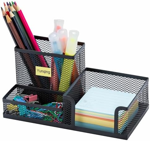 Black Mesh Pen Holder - Multipurpose Mesh Desk Organizers Large Capacity Office Supplies with Sticky Notes Holder and 3 Compartments 4 Non-slip Mats Easy Storage Suitable for School, Home