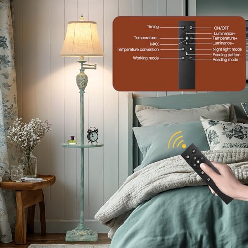 Traditional Floor Lamp withTray,Remote Dimmable,350°Swing Arm Antique Green