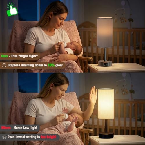 Grey Touch Bedside Lamp for Bedroom, Stepless Dimmable, USB A+C, AC Outlet